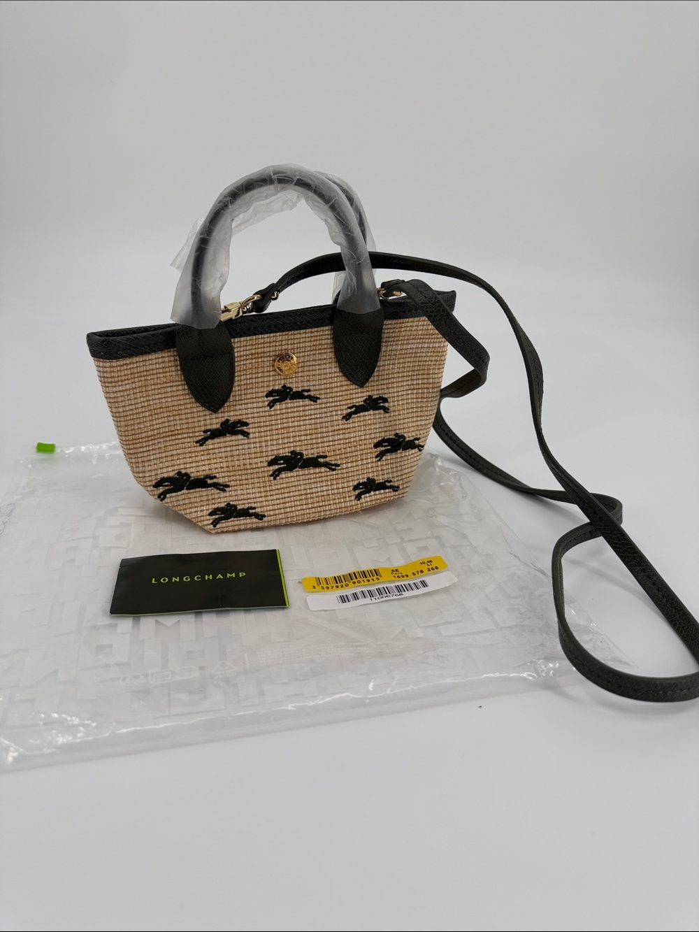 Longchamp Straw Mini Tote with Dark Green Trim and Embroidered Motifs